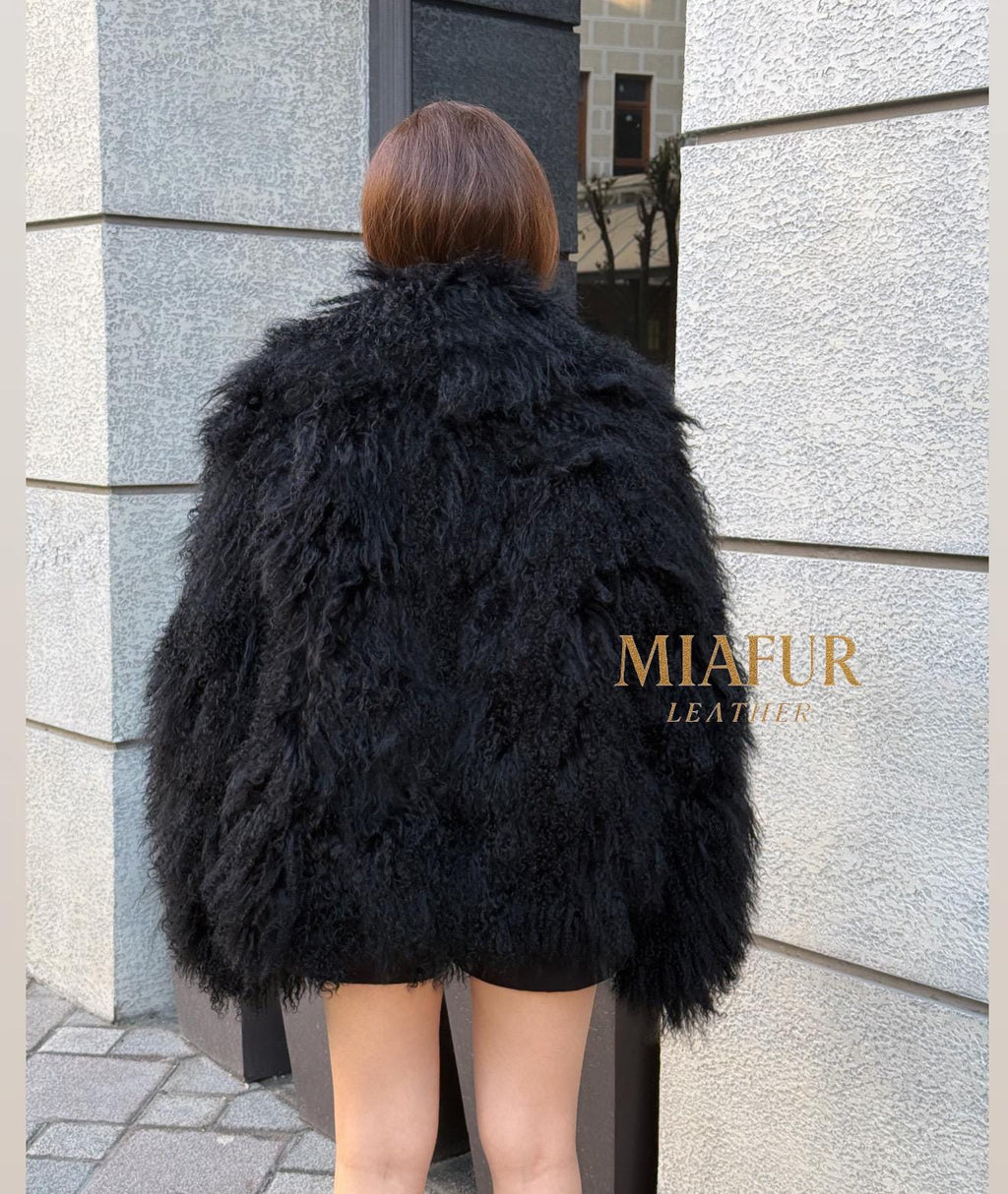Black Tibetan Fur Coat, Handmade Women Shaggy Mongolian Lamb Fur Jacket
