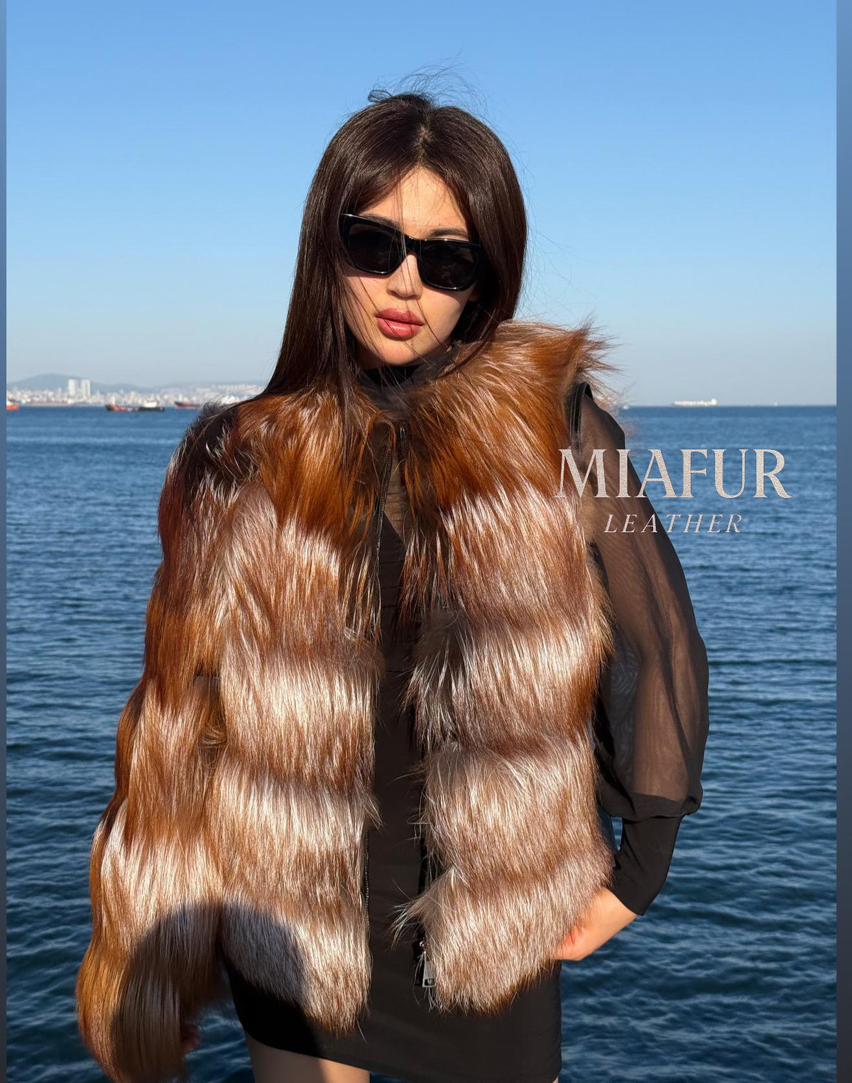 Women’s Red Frost Fox Fur Jacket: Handmade 2-in-1 Coat Vest with Detachable Sleeves