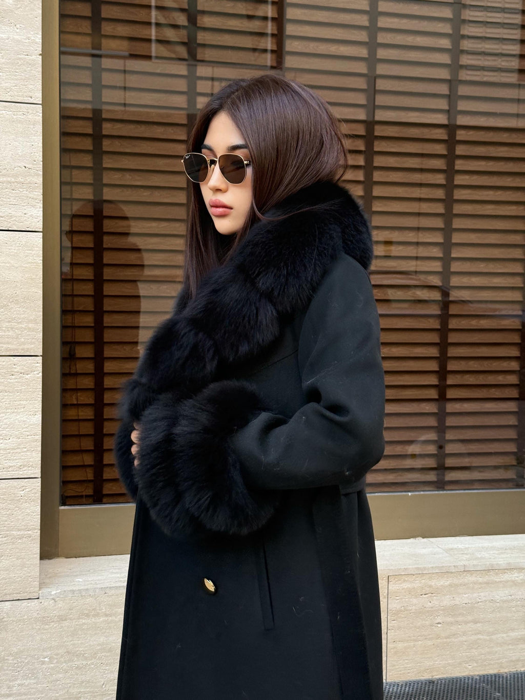 Black Cashmere Wool Coat, Collar&Cuffs Fox Fur Jacket, Black Fox Fur Coat.- Women Fox Fur Jacket.- Fox Fur Coat
