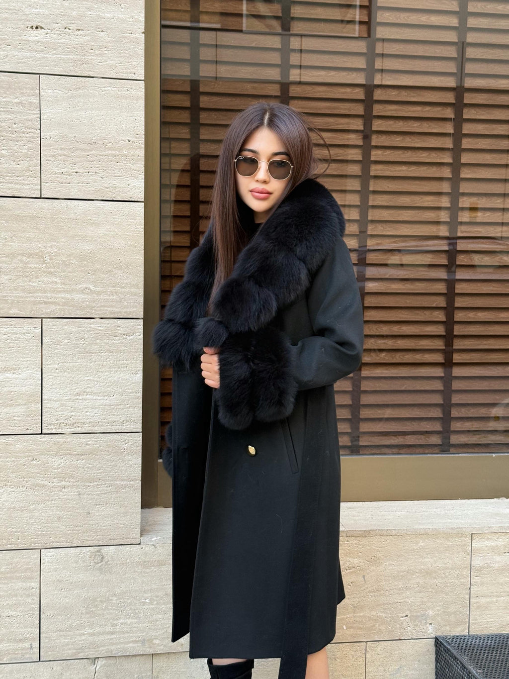 Black Cashmere Wool Coat, Collar&Cuffs Fox Fur Jacket, Black Fox Fur Coat.- Women Fox Fur Jacket.- Fox Fur Coat