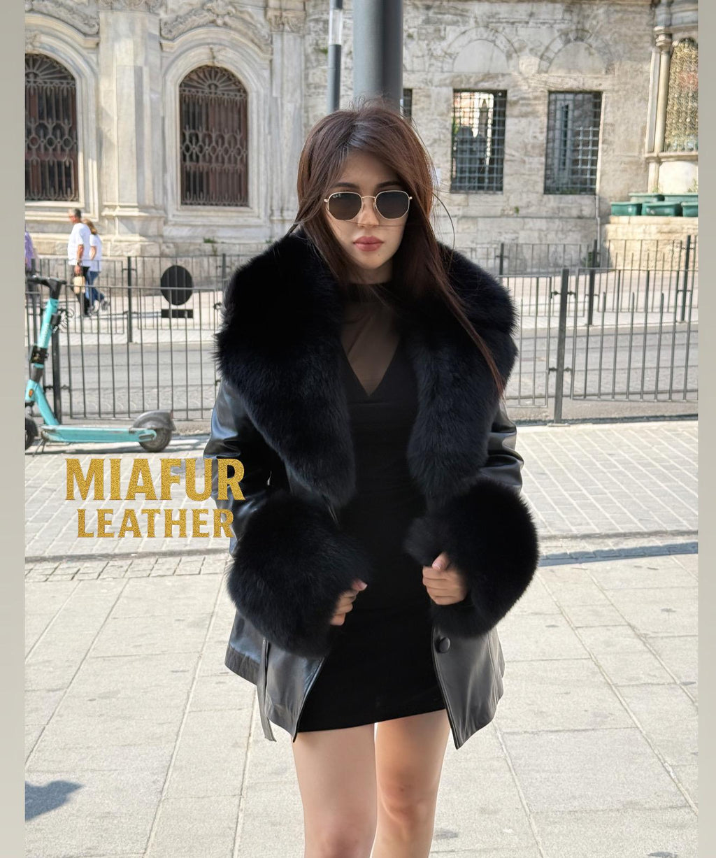 Luxury Black Leather Jacket , Detachable Collar & Cuffs Fox Fur Coat For Women