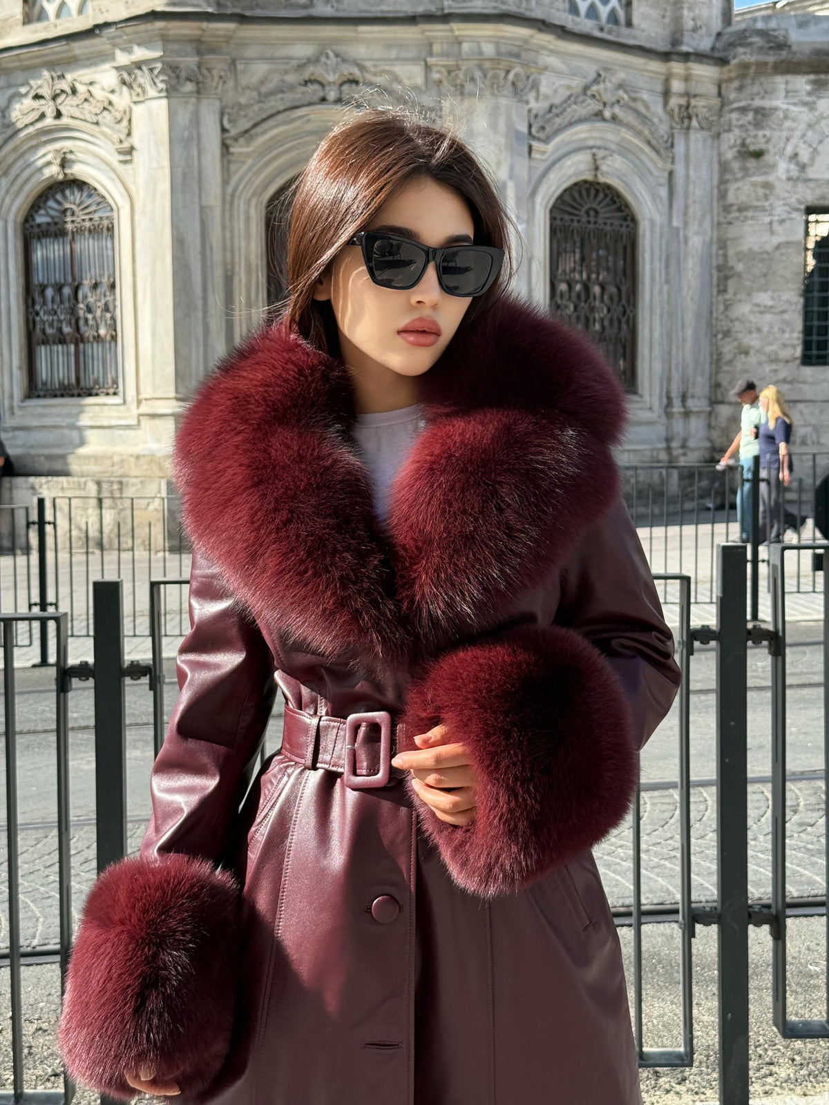 Burgundy Long Leather Coat- Cuffs&Collar Huge Fox Fur Jacket, Burgundy Fox Fur Coat.- Women Fox Fur Jacket_. Fox Fur