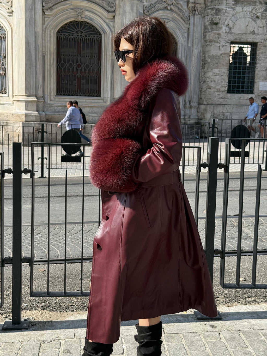 Burgundy Long Leather Coat- Cuffs&Collar Huge Fox Fur Jacket, Burgundy Fox Fur Coat.- Women Fox Fur Jacket_. Fox Fur