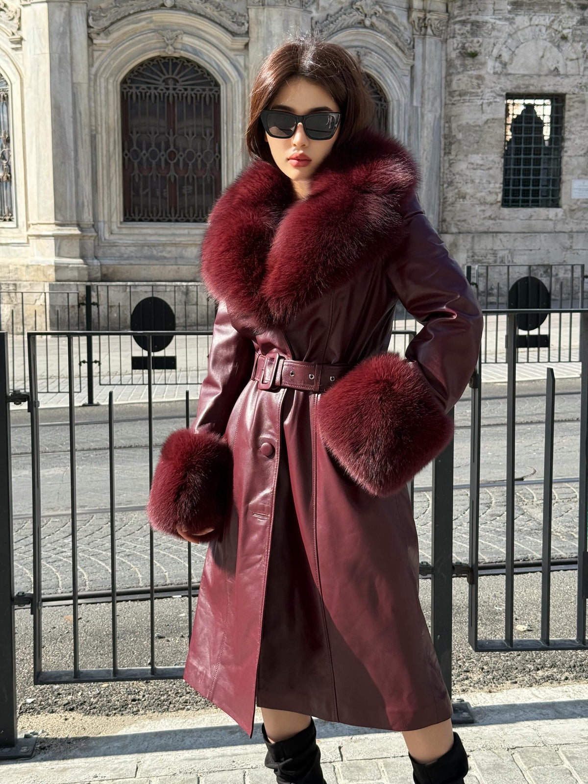 Burgundy Long Leather Coat- Cuffs&Collar Huge Fox Fur Jacket, Burgundy Fox Fur Coat.- Women Fox Fur Jacket_. Fox Fur