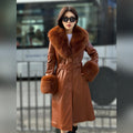 Whisky Brown Long Leather Coat, Handmade Collar Cuffs Fox Fur Jacket