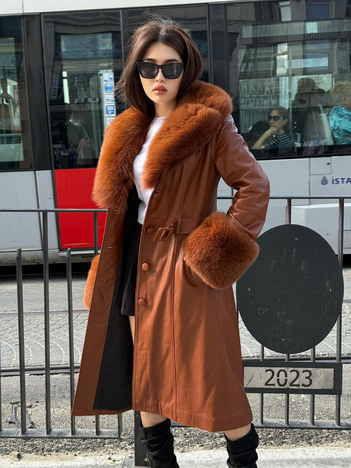 Whisky Brown Long Leather Coat, Handmade Collar Cuffs Fox Fur Jacket
