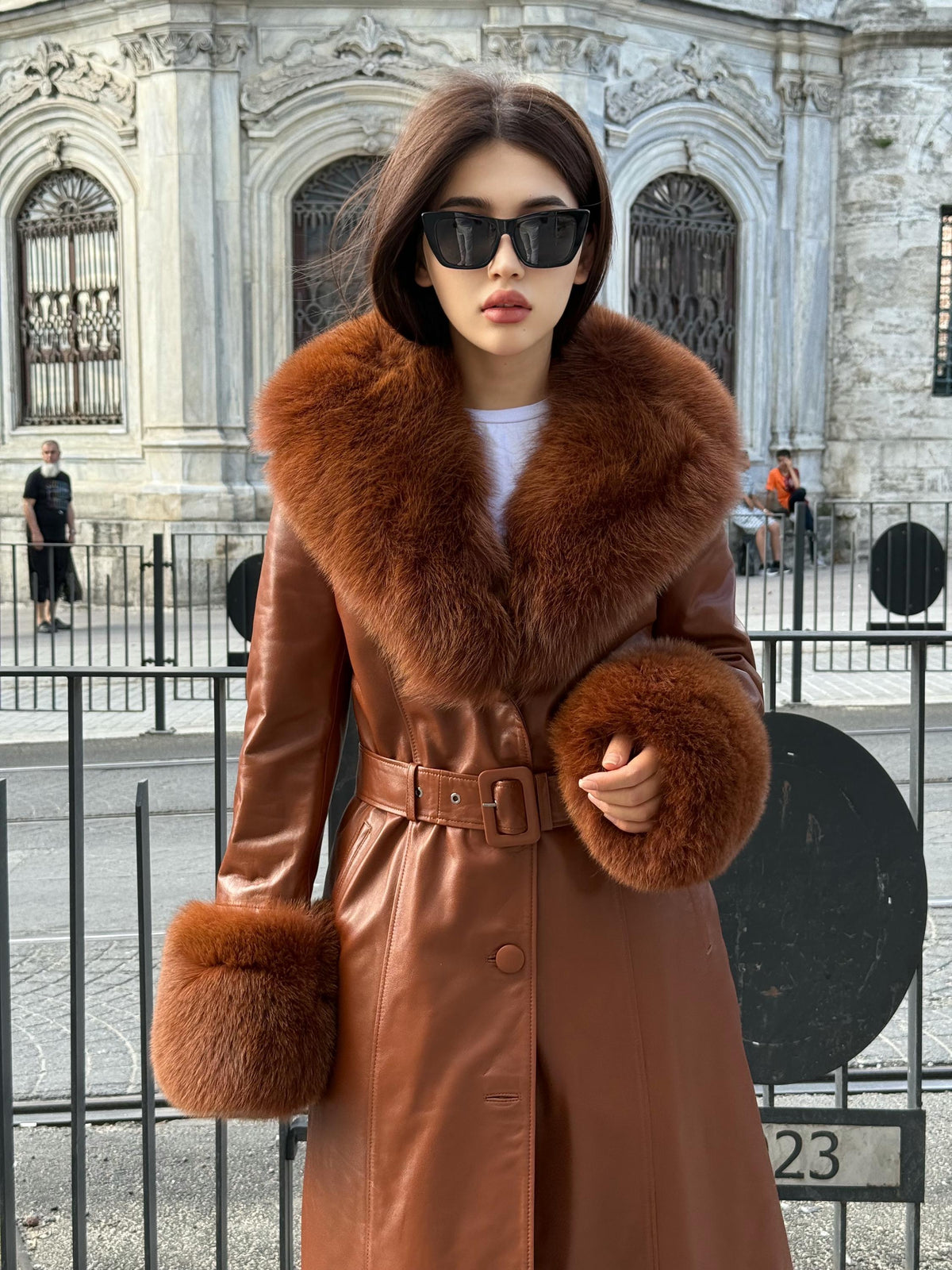 Whisky Brown Long Leather Coat, Handmade Collar Cuffs Fox Fur Jacket