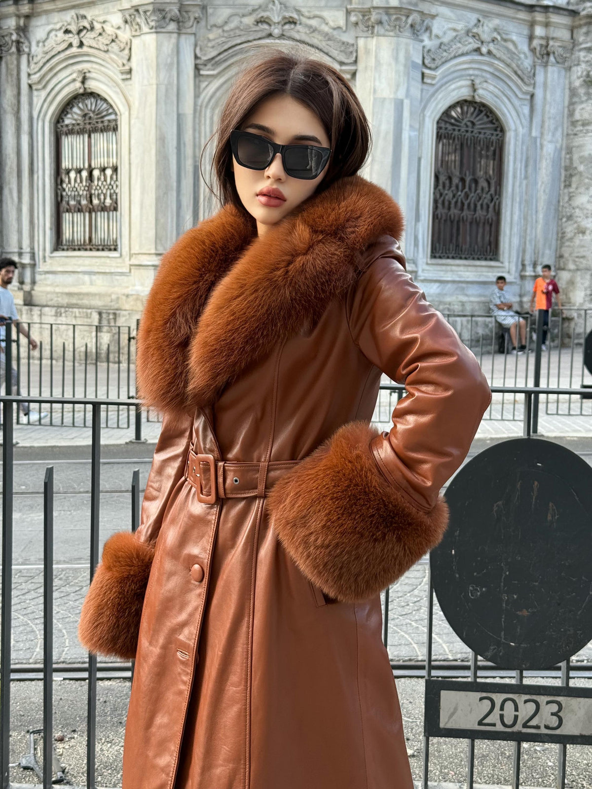 Whisky Brown Long Leather Coat, Handmade Collar Cuffs Fox Fur Jacket