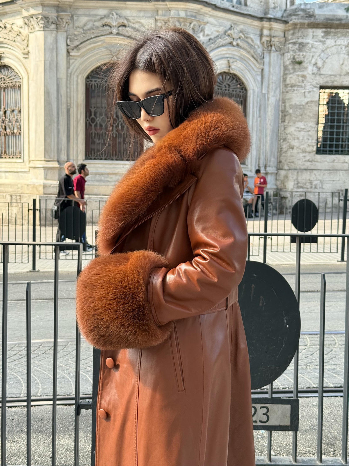 Whisky Brown Long Leather Coat, Handmade Collar Cuffs Fox Fur Jacket