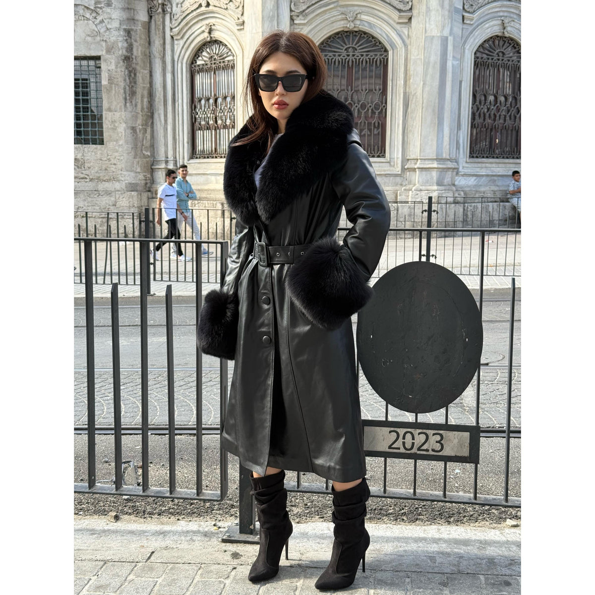 Handmade Black Leather Coat For Women, Collar Cuffs Fox Fur Long Coat