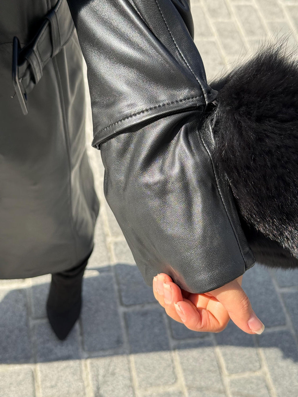 Handmade Black Leather Coat For Women, Collar Cuffs Fox Fur Long Coat
