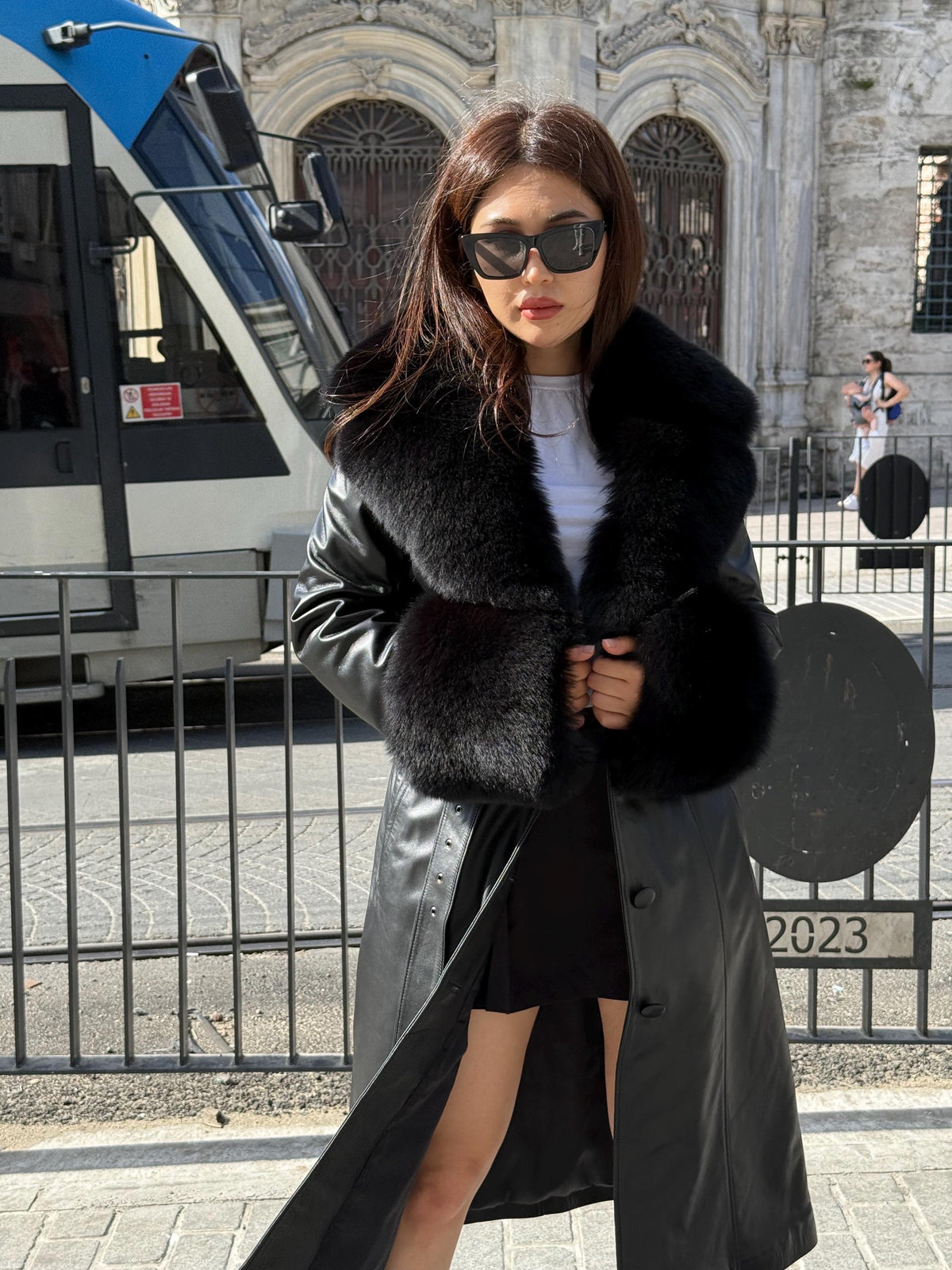 Handmade Black Leather Coat For Women, Collar Cuffs Fox Fur Long Coat