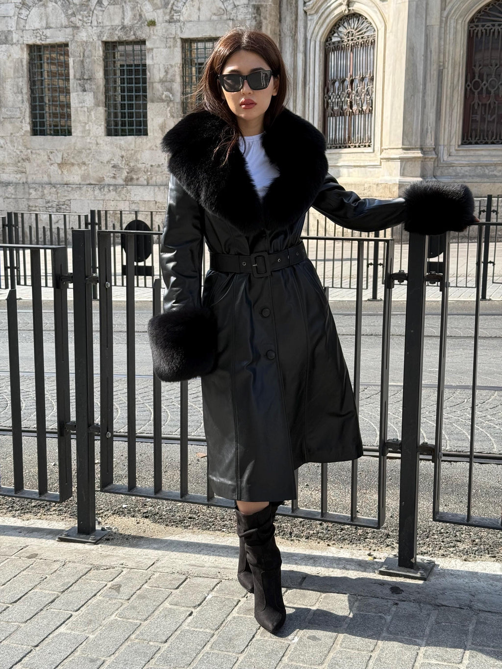 Handmade Black Leather Coat For Women, Collar Cuffs Fox Fur Long Coat
