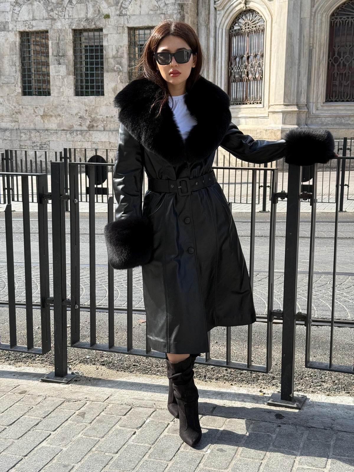 Handmade Black Leather Coat For Women, Collar Cuffs Fox Fur Long Coat