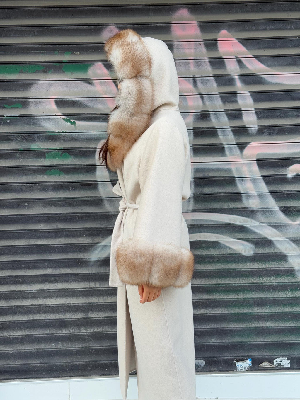 Beige Long Alpaca Coat, Hood Cuffs Fox Fur Coat, Handmade Winter Women Jacket