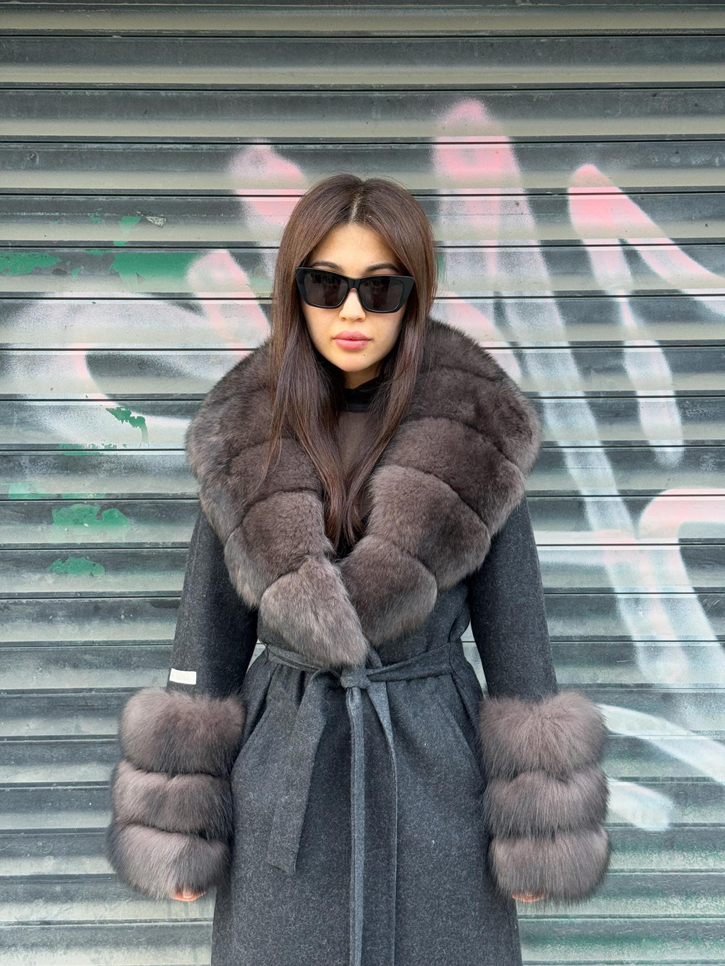 Black Long Alpaca Wool Coat , Handmade Women Collar Cuffs Fox Fur Jacket