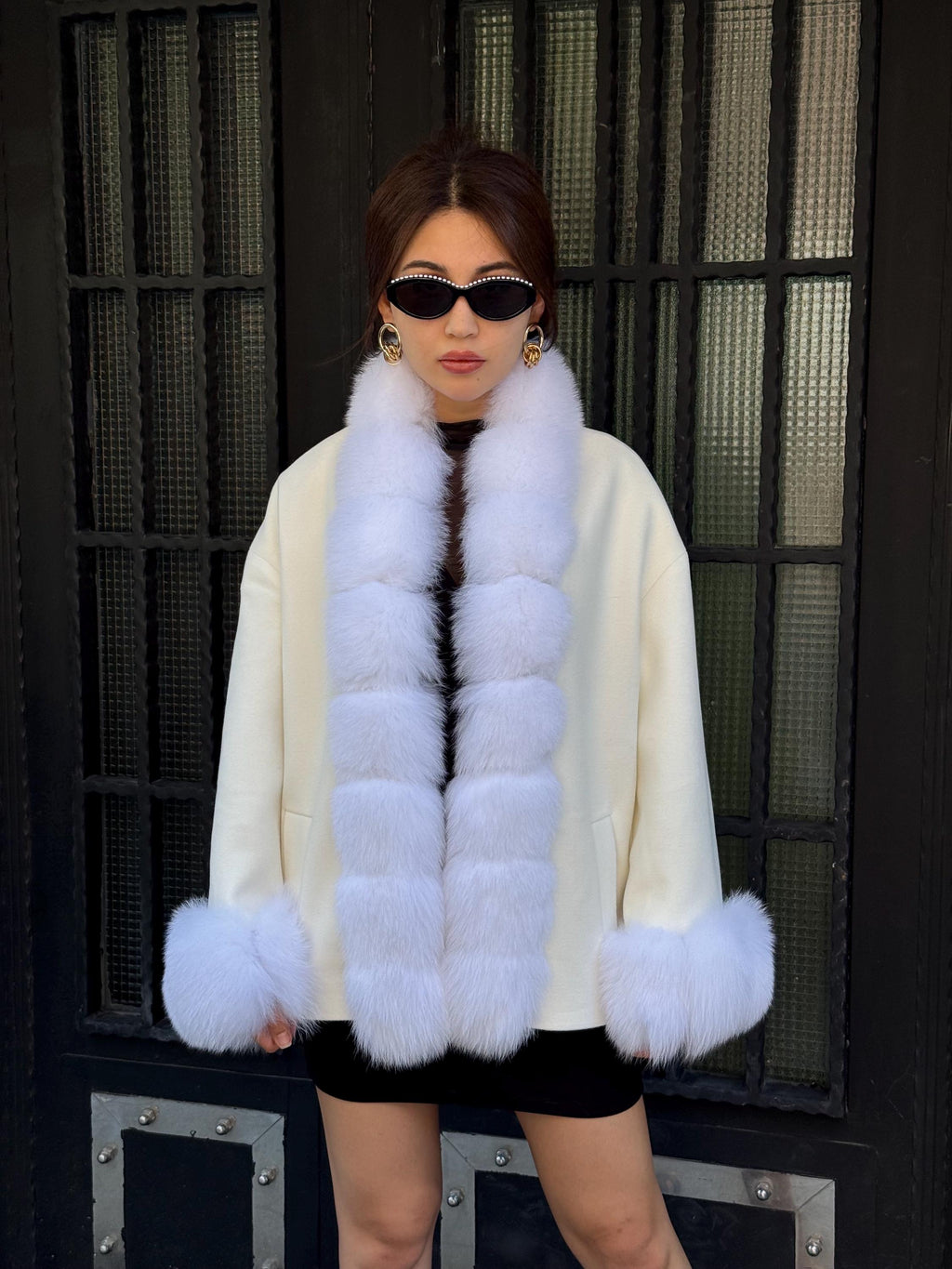 White Fur Trim Cashmere Jacket, Women’s Handmade Short Wool & Fox Fur Coat