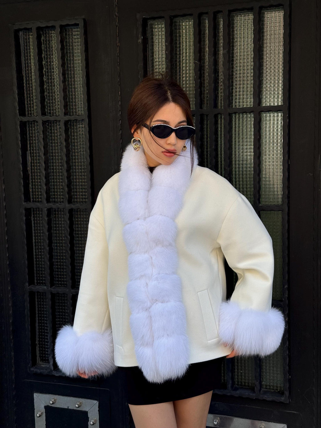 White Fur Trim Cashmere Jacket, Women’s Handmade Short Wool & Fox Fur Coat
