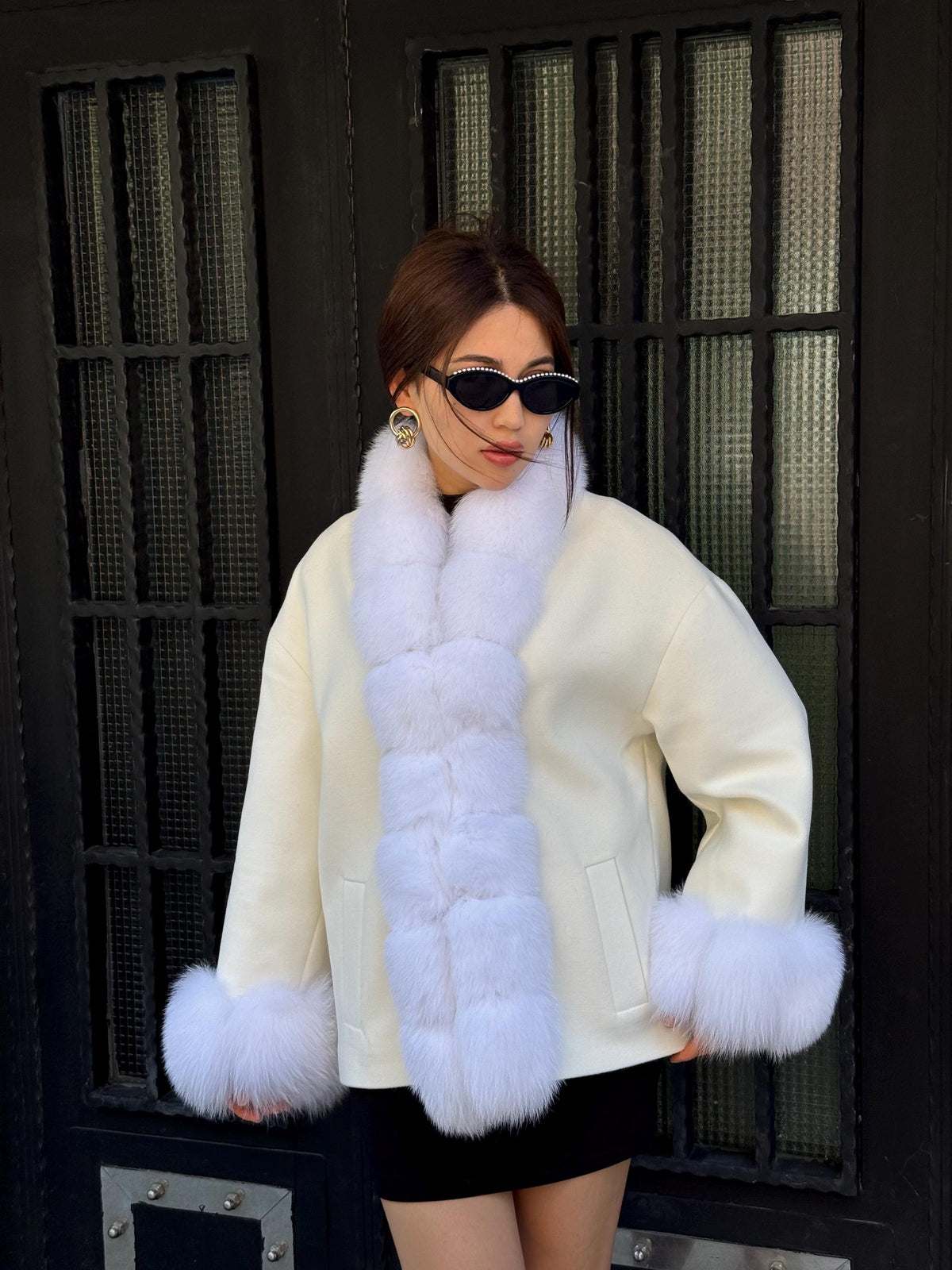 White Fur Trim Cashmere Jacket, Women’s Handmade Short Wool & Fox Fur Coat