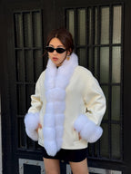 White Fur Trim Cashmere Jacket, Women’s Handmade Short Wool & Fox Fur Coat