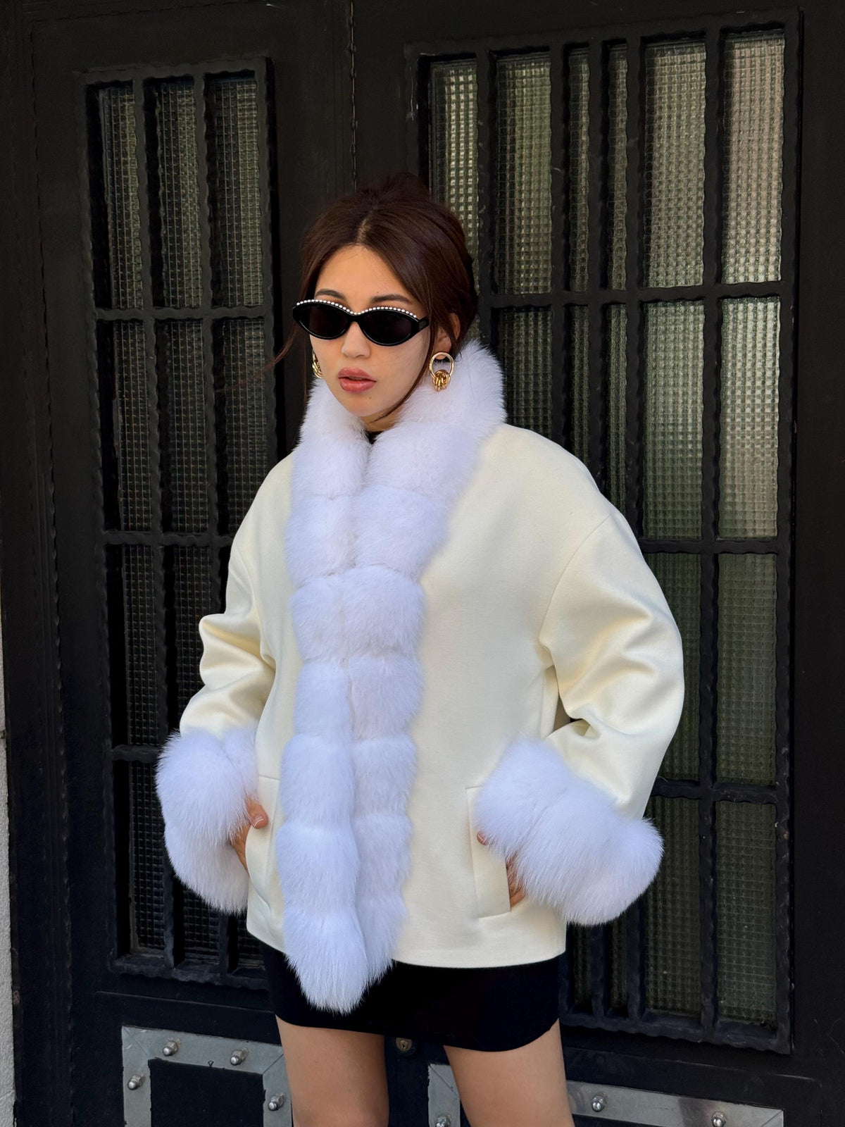 White Fur Trim Cashmere Jacket, Women’s Handmade Short Wool & Fox Fur Coat