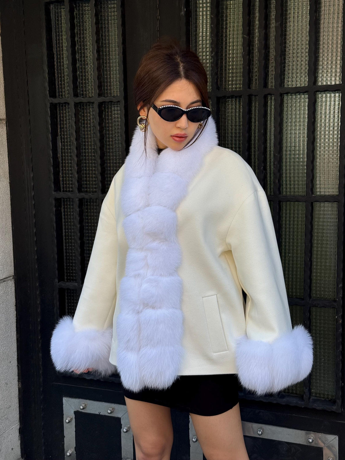 White Fur Trim Cashmere Jacket, Women’s Handmade Short Wool & Fox Fur Coat