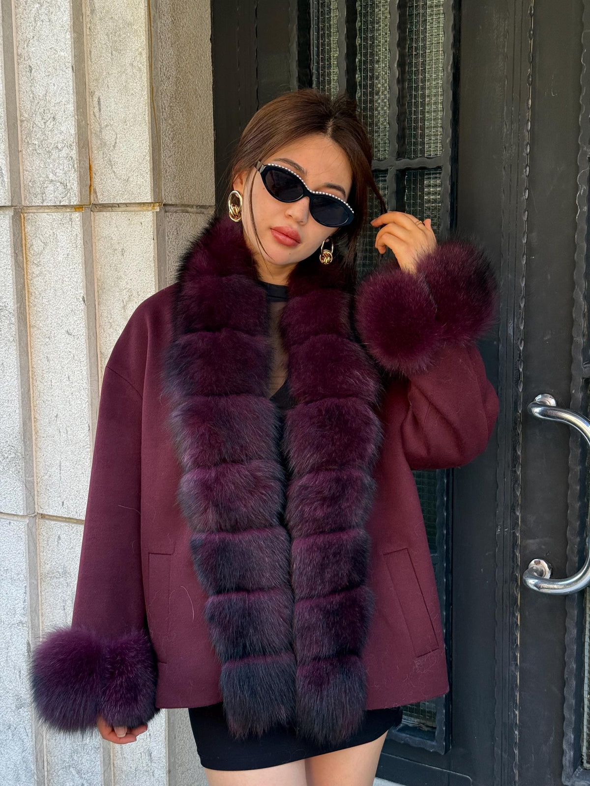 Burgundy Cashmere Black Short Jacket . Front & Cuffs Fox Fur Jacket