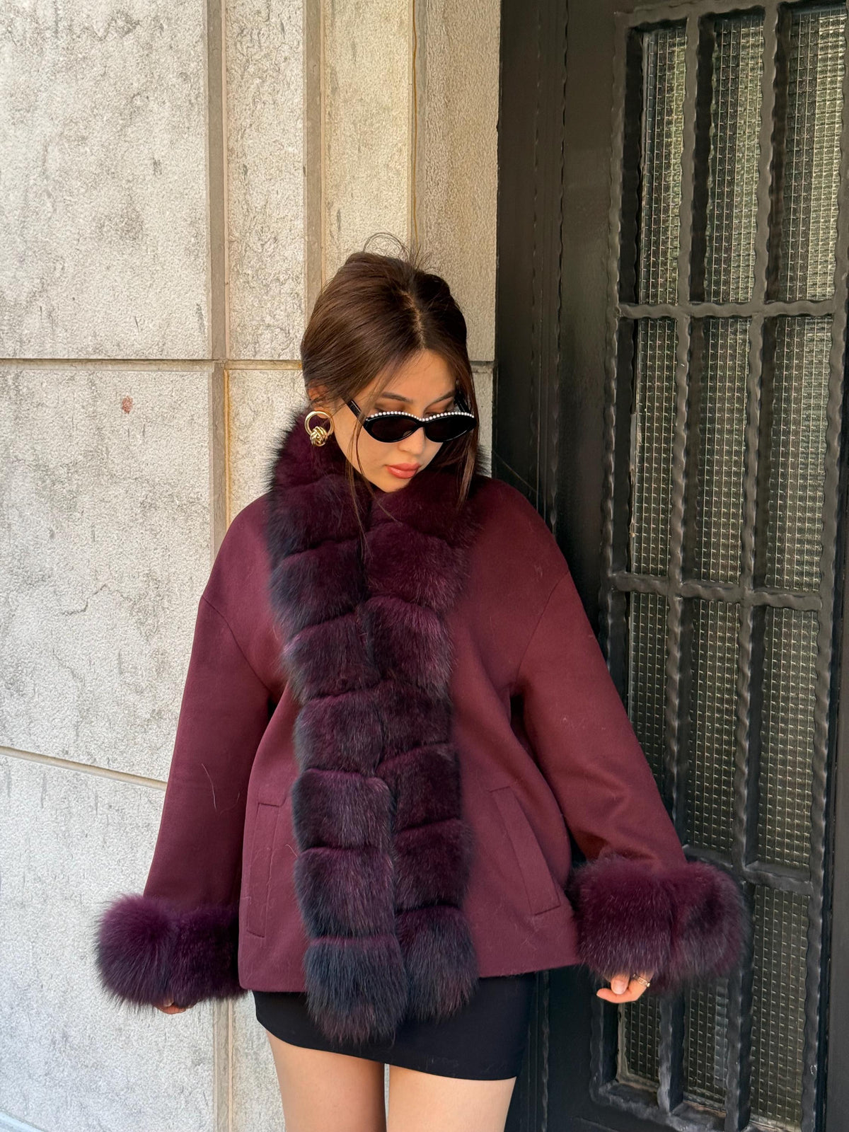 Burgundy Cashmere Black Short Jacket . Front & Cuffs Fox Fur Jacket