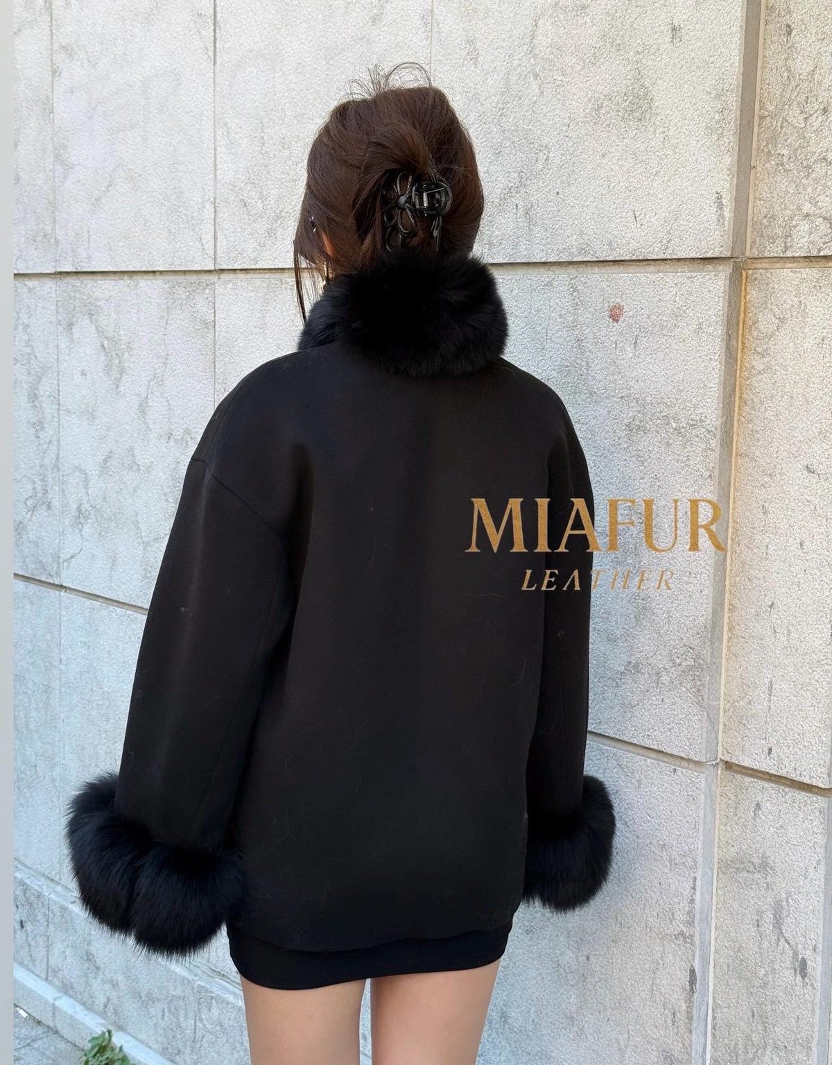 Women’s Black Cashmere Jacket With Fur Trim, Handmade Short Fox Fur Coat