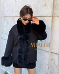 Women’s Black Cashmere Jacket With Fur Trim, Handmade Short Fox Fur Coat