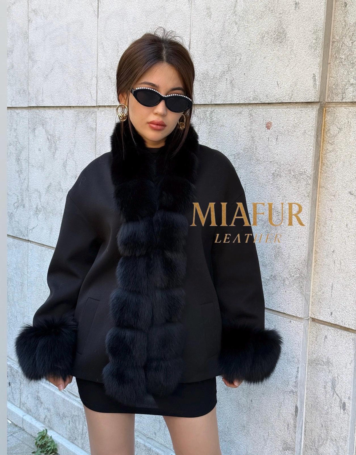Women’s Black Cashmere Jacket With Fur Trim, Handmade Short Fox Fur Coat