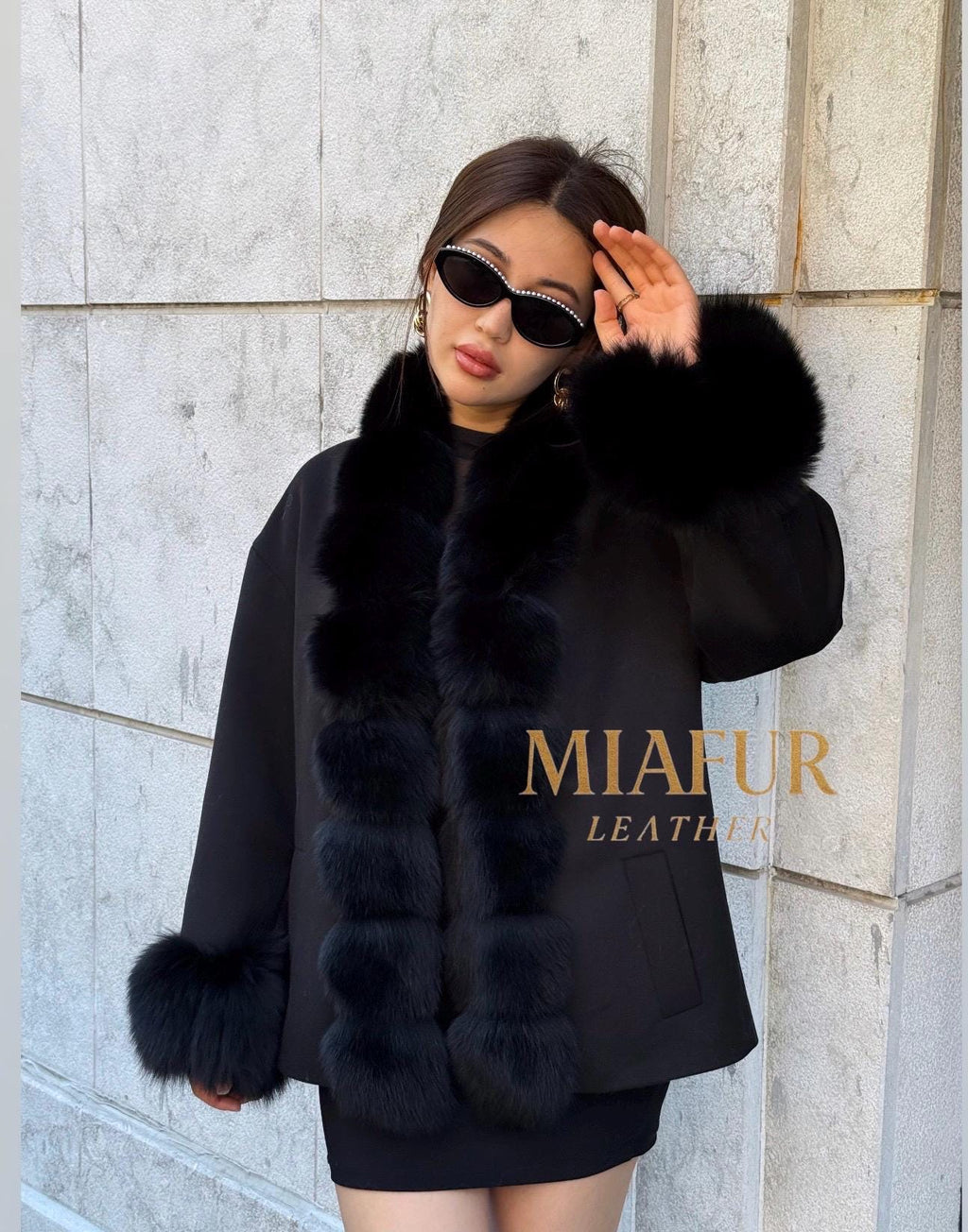 Women’s Black Cashmere Jacket With Fur Trim, Handmade Short Fox Fur Coat