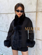 Women’s Black Cashmere Jacket With Fur Trim, Handmade Short Fox Fur Coat