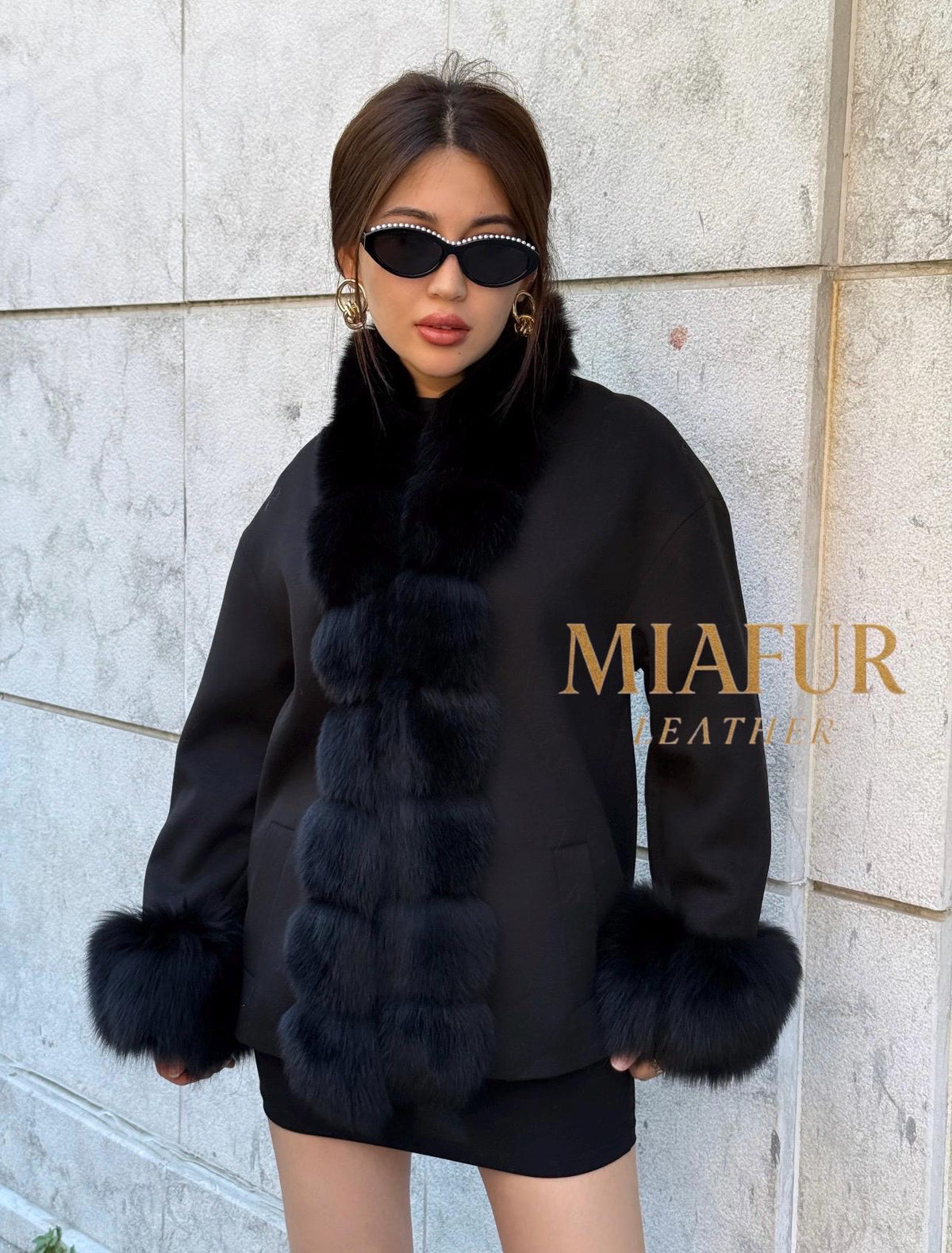 Women’s Black Cashmere Jacket With Fur Trim, Handmade Short Fox Fur Coat