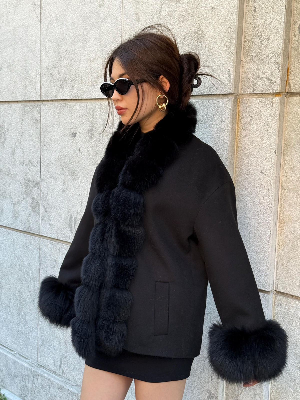 Women’s Black Cashmere Jacket With Fur Trim, Handmade Short Fox Fur Coat
