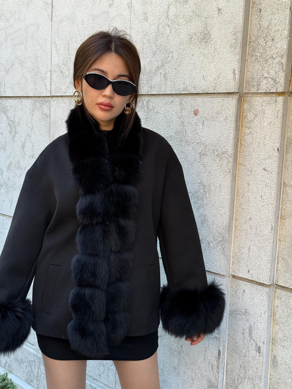 Women’s Black Cashmere Jacket With Fur Trim, Handmade Short Fox Fur Coat