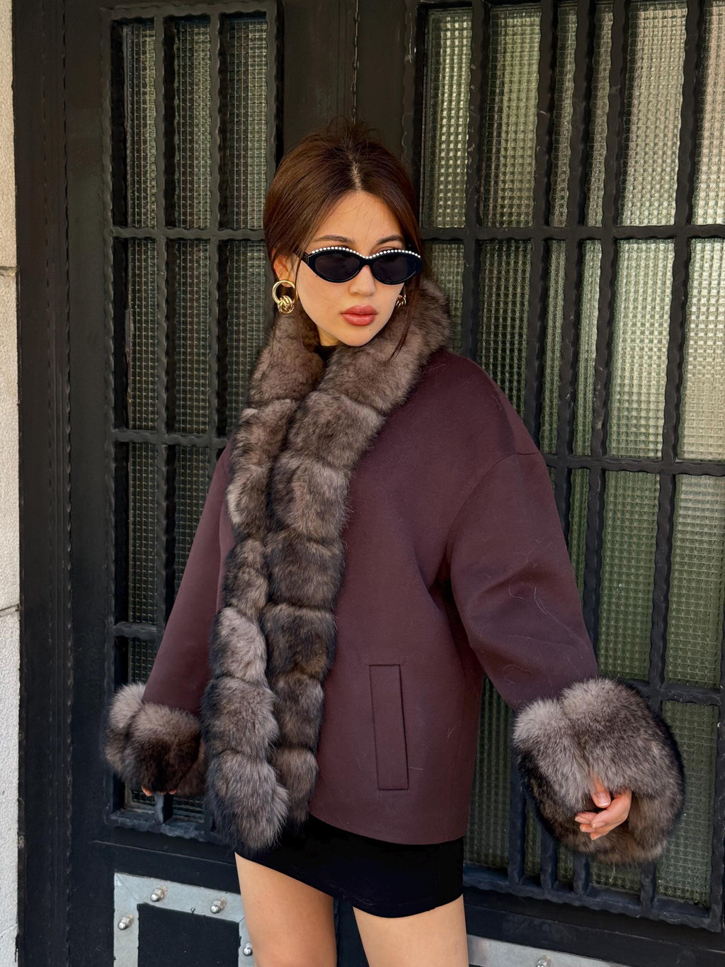 Dark Brown Cashmere Jacket, Short Front Fox Fur Coat For Women