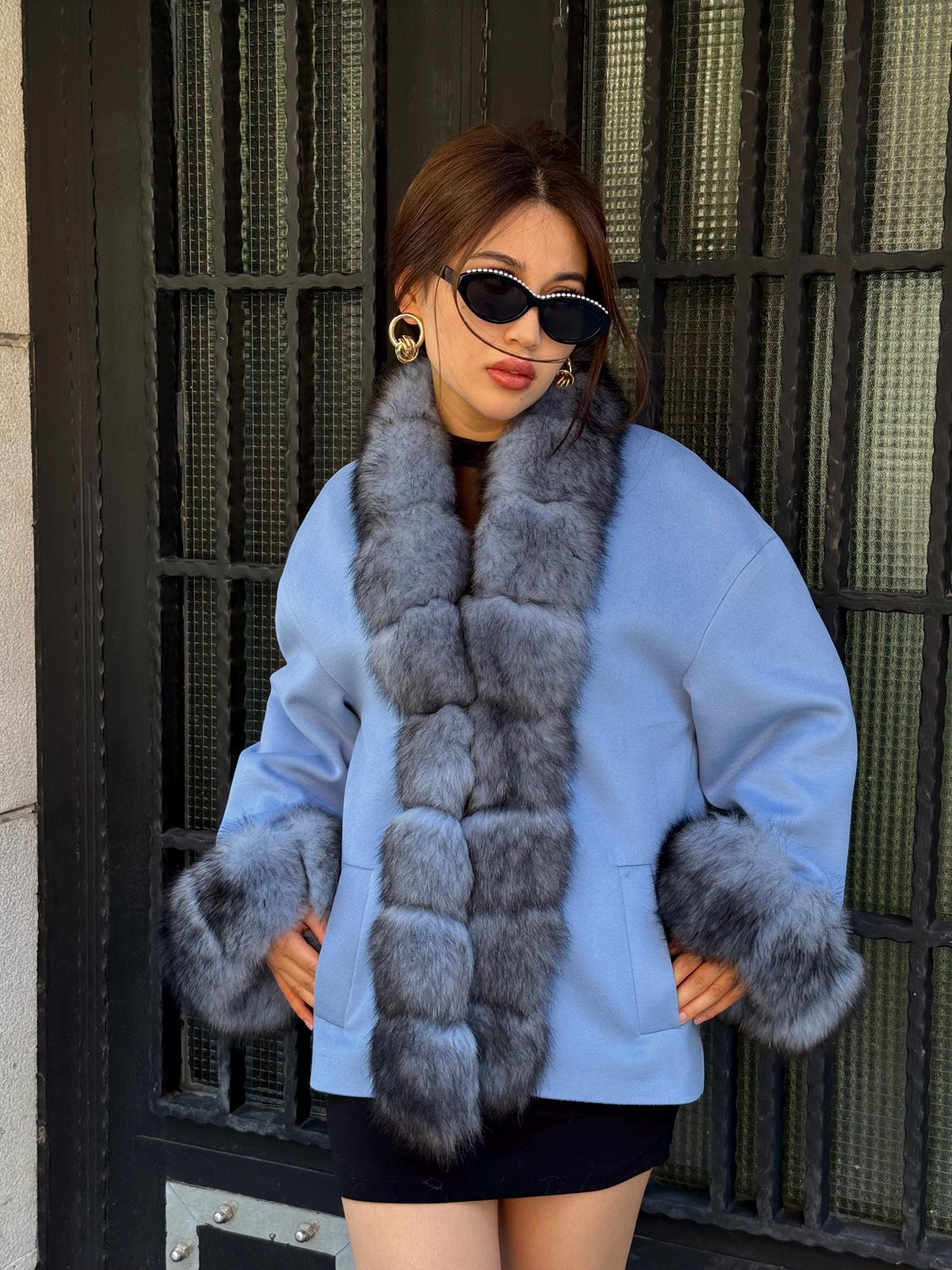 Blue Cashmere Front Cuffs Fox Fur Jacket - Women Fox Fur Jacket - Short Fox Fur Jacket