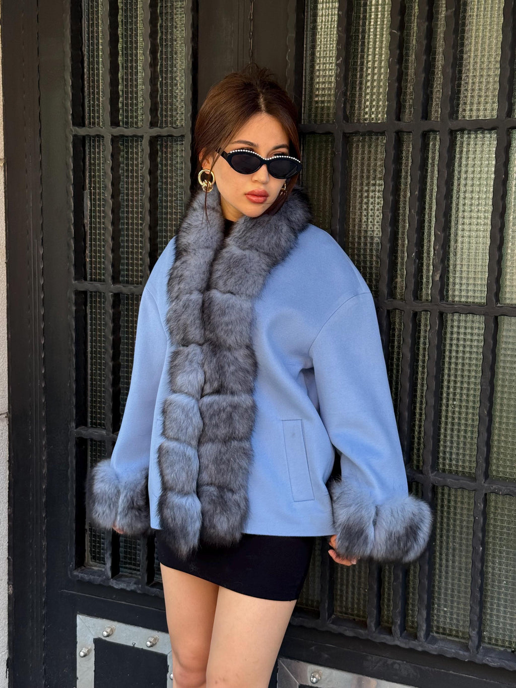 Blue Cashmere Front Cuffs Fox Fur Jacket - Women Fox Fur Jacket - Short Fox Fur Jacket