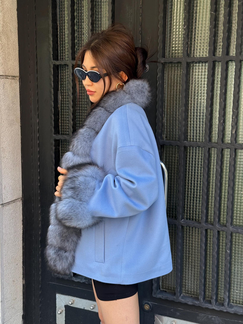 Blue Cashmere Front Cuffs Fox Fur Jacket - Women Fox Fur Jacket - Short Fox Fur Jacket