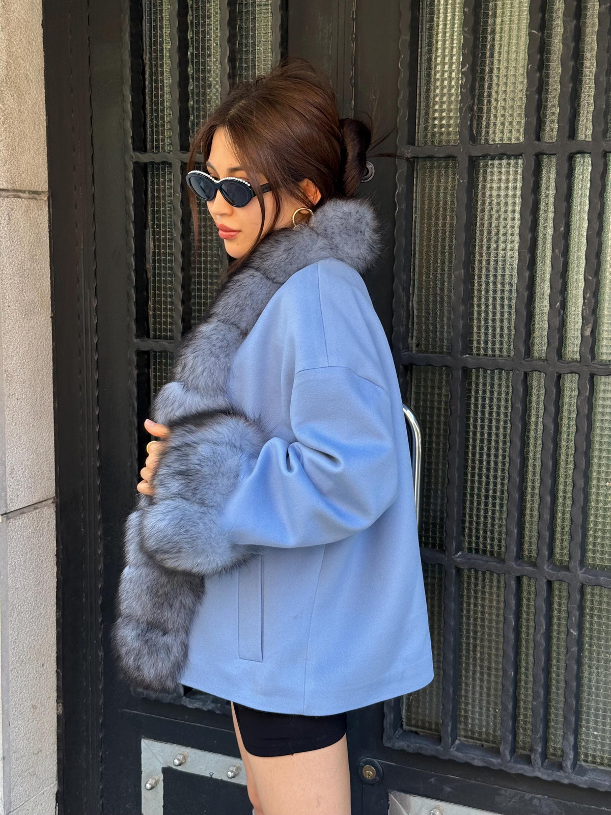 Blue Cashmere Front Cuffs Fox Fur Jacket - Women Fox Fur Jacket - Short Fox Fur Jacket