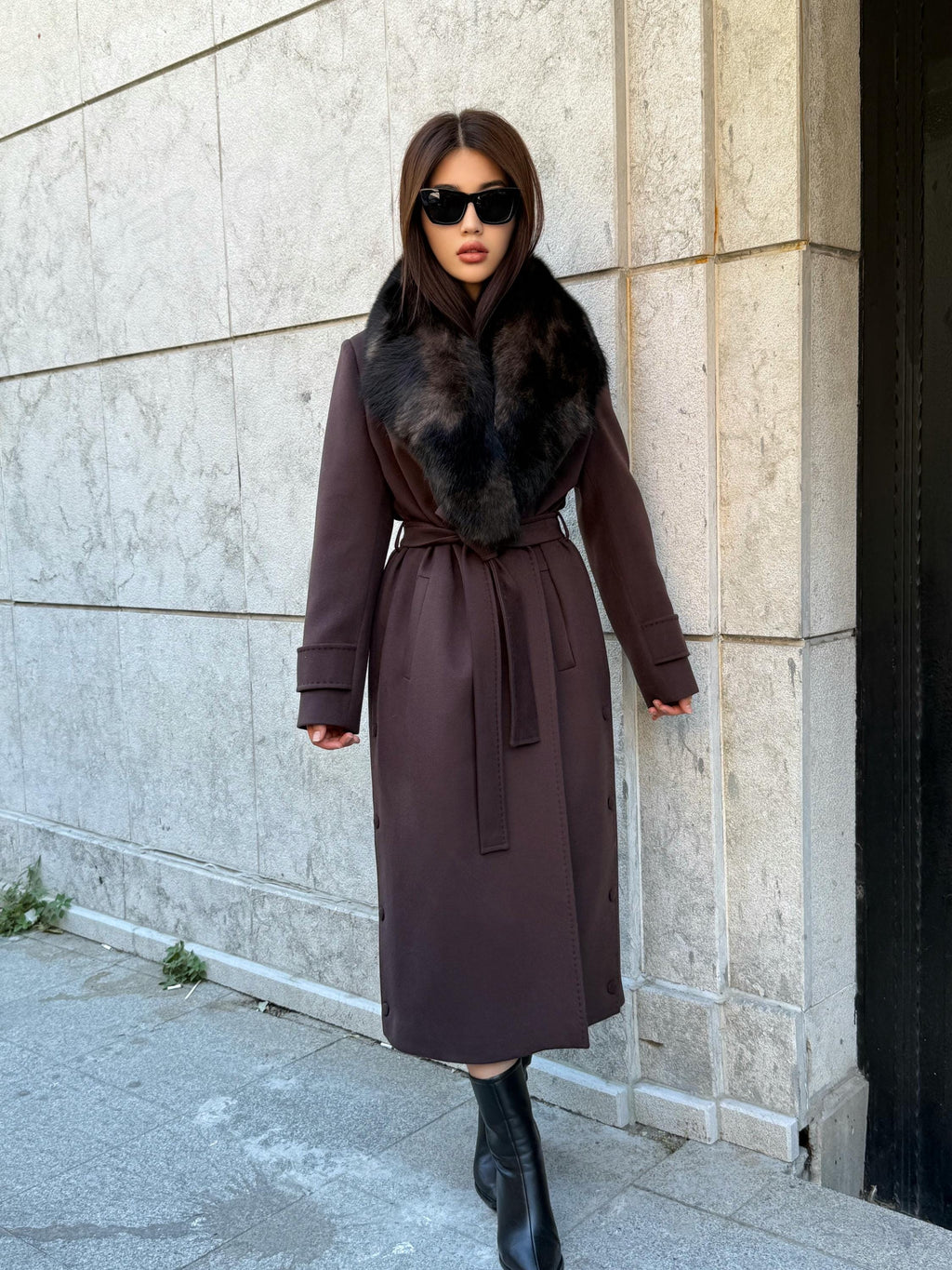Dark Brown Cashmere Coat With Fox Fur Trim | Luxury Collar Fox Fur Coat | Handmade Plus Size Long Belted Wool Coat For Women, Fox Fur Coat