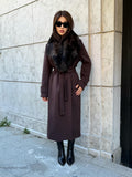 Dark Brown Cashmere Coat With Fox Fur Trim | Luxury Collar Fox Fur Coat | Handmade Plus Size Long Belted Wool Coat For Women, Fox Fur Coat