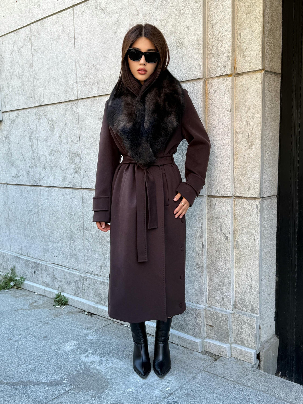 Dark Brown Cashmere Coat With Fox Fur Trim | Luxury Collar Fox Fur Coat | Handmade Plus Size Long Belted Wool Coat For Women, Fox Fur Coat