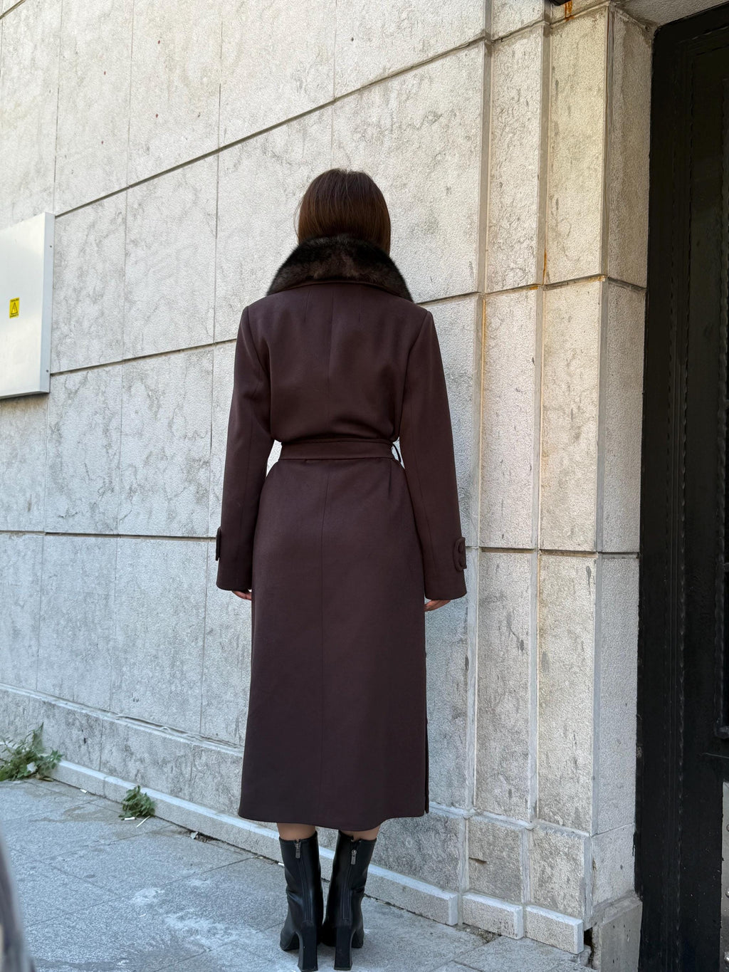 Dark Brown Cashmere Coat With Fox Fur Trim | Luxury Collar Fox Fur Coat | Handmade Plus Size Long Belted Wool Coat For Women, Fox Fur Coat