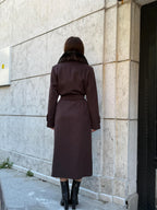 Dark Brown Cashmere Coat With Fox Fur Trim | Luxury Collar Fox Fur Coat | Handmade Plus Size Long Belted Wool Coat For Women, Fox Fur Coat