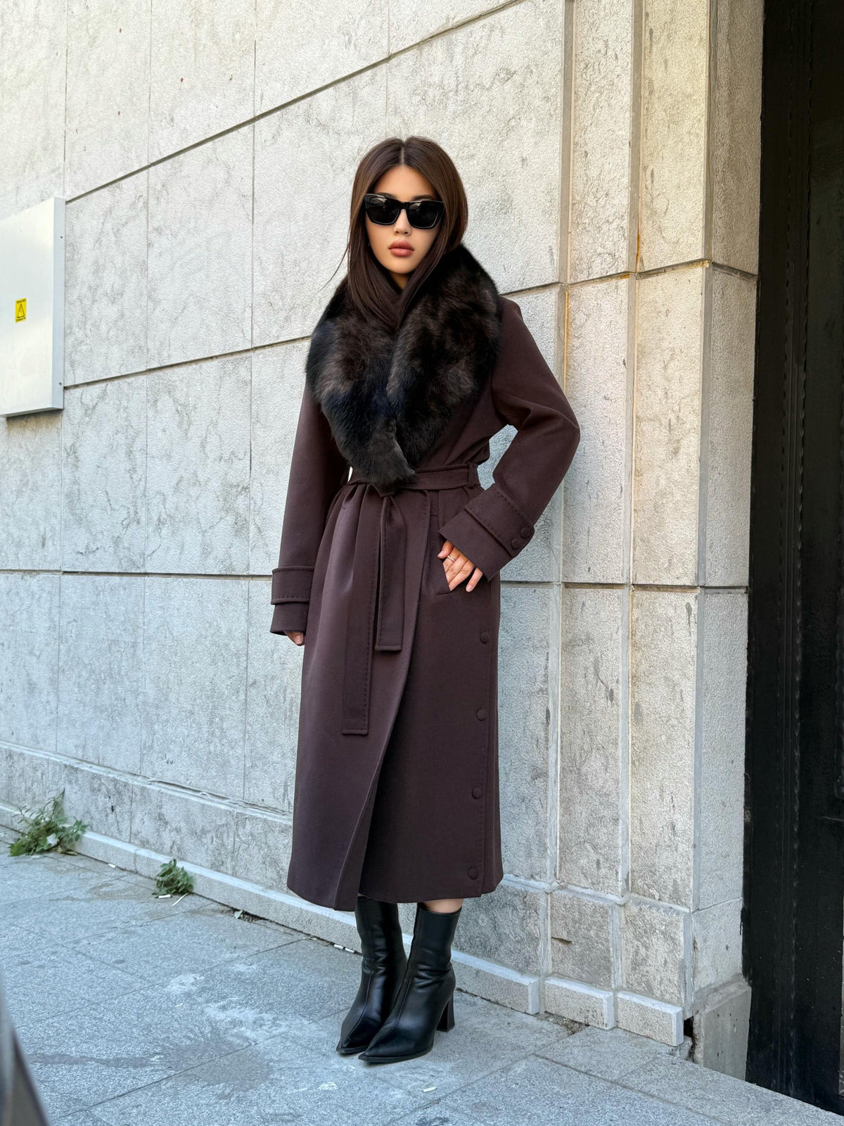 Dark Brown Cashmere Coat With Fox Fur Trim | Luxury Collar Fox Fur Coat | Handmade Plus Size Long Belted Wool Coat For Women, Fox Fur Coat