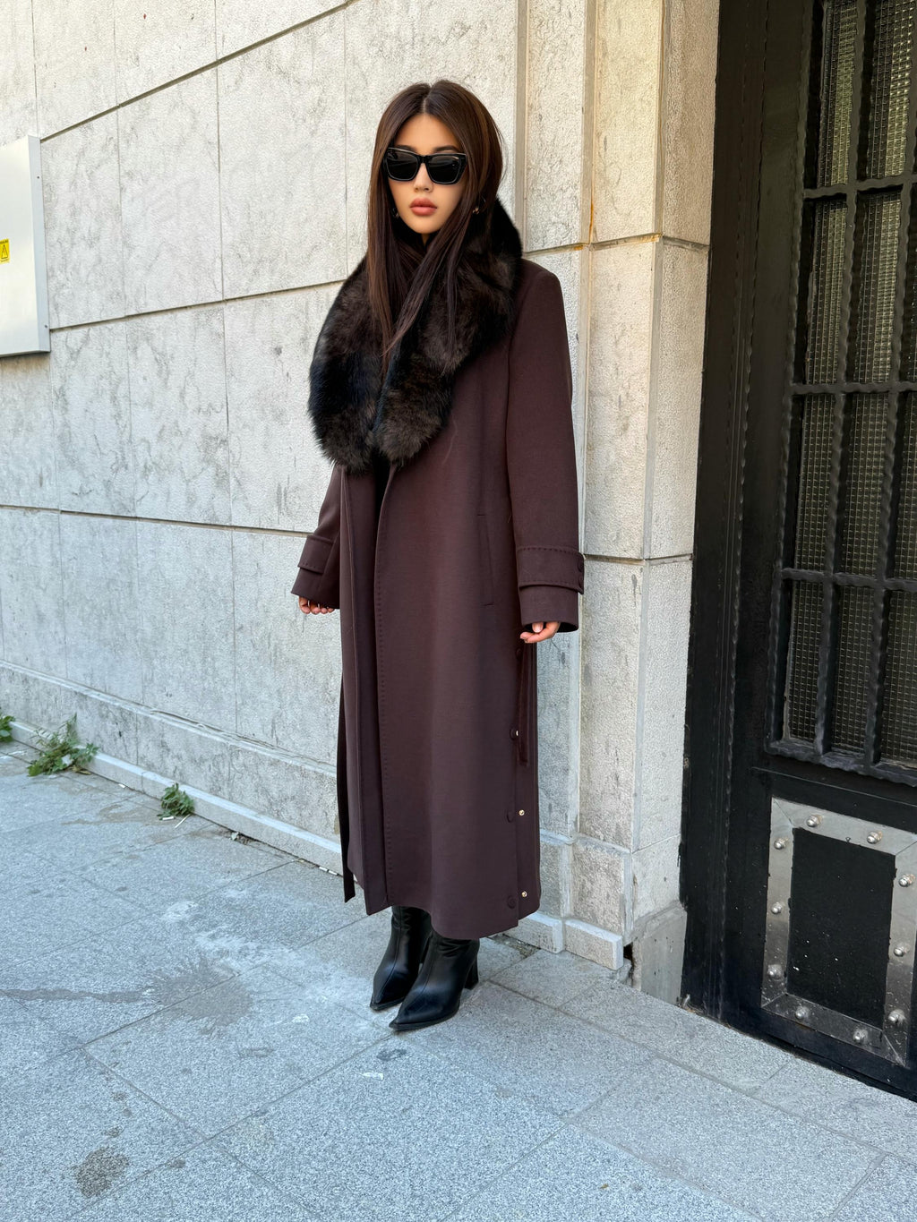 Dark Brown Cashmere Coat With Fox Fur Trim | Luxury Collar Fox Fur Coat | Handmade Plus Size Long Belted Wool Coat For Women, Fox Fur Coat