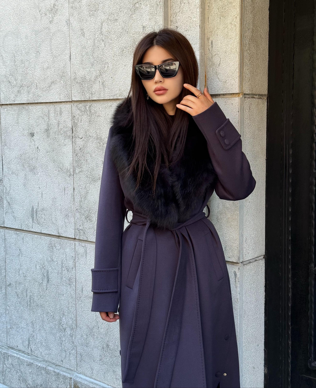 Deep Purple Cashmere Coat With Fox Fur Trim | Luxury Collar Fox Fur Coat | Handmade Plus Size Long Belted Wool Coat For Women, Fox Fur Coat