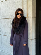 Deep Purple Cashmere Coat With Fox Fur Trim | Luxury Collar Fox Fur Coat | Handmade Plus Size Long Belted Wool Coat For Women, Fox Fur Coat